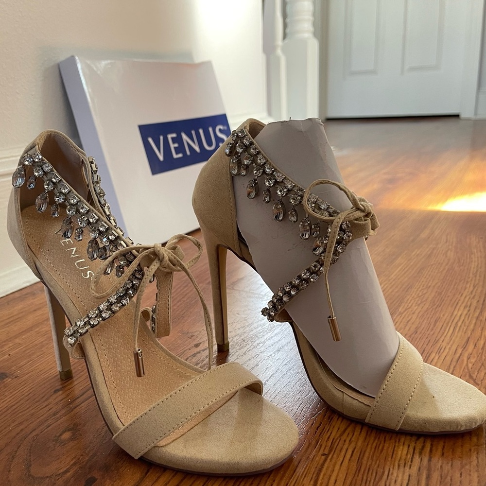 Tan suede chandelier heels